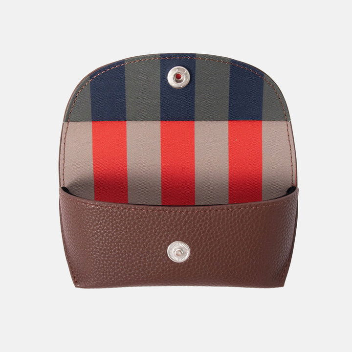 dark purple leather look overflap glasses case with a colourful striped internal lining