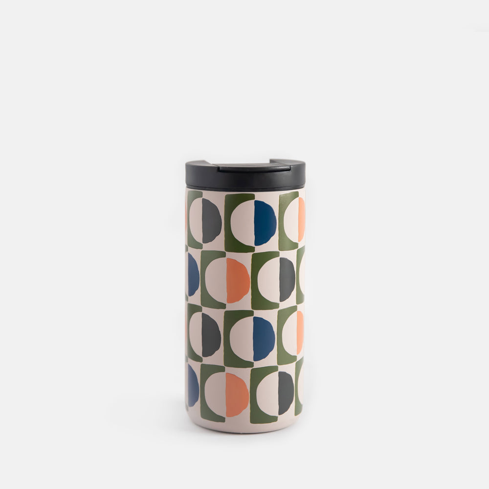 stainless steel travel mug in retro geometric circles design in green, blue and orange