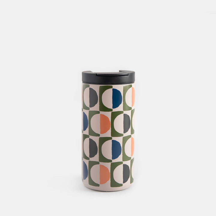 stainless steel travel mug in retro geometric circles design in green, blue and orange