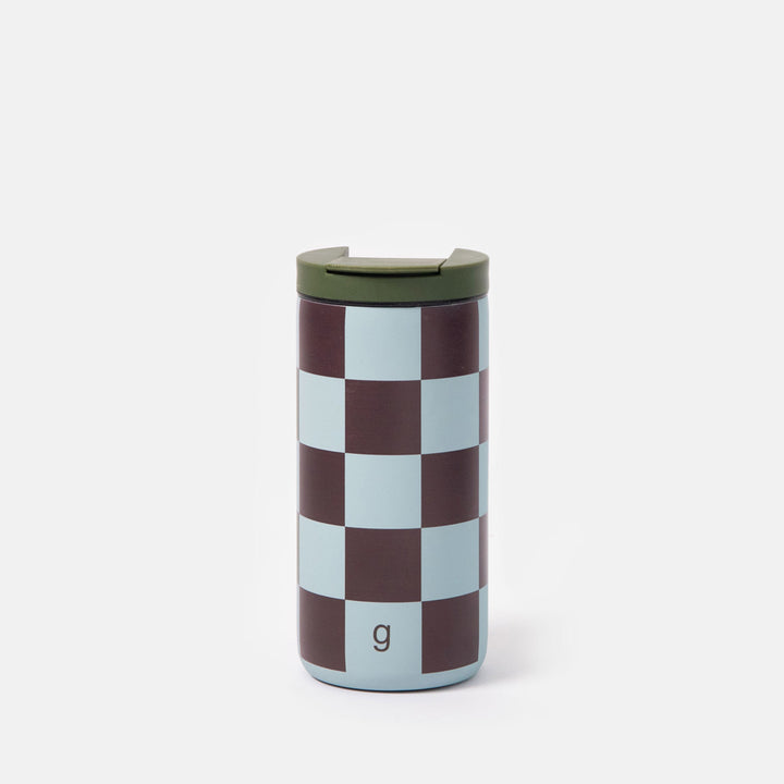 dark purple and light blue checked travel mug coffee cup on a white background