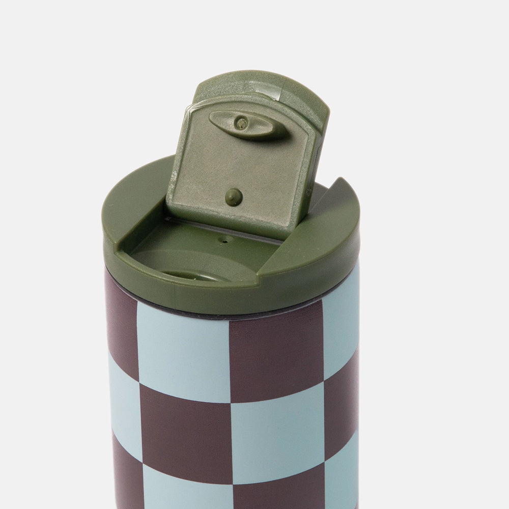 dark purple and light blue checked travel mug with a clip top lid on a white background