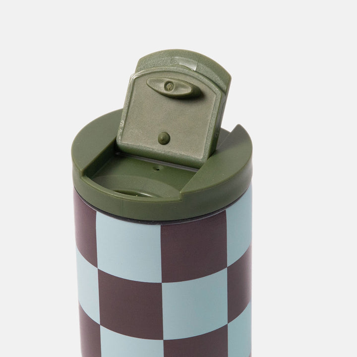 dark purple and light blue checked travel mug with a clip top lid on a white background