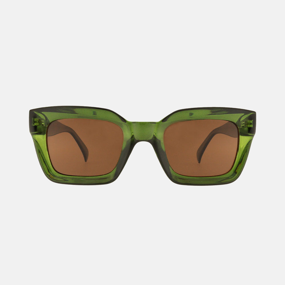 olive green square frame polarised sunglasses with brown lenses