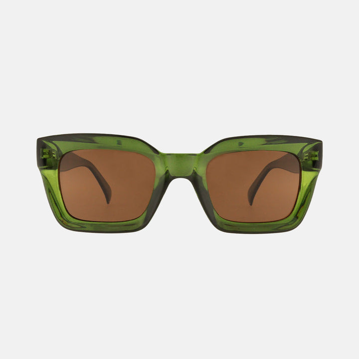olive green square frame polarised sunglasses with brown lenses