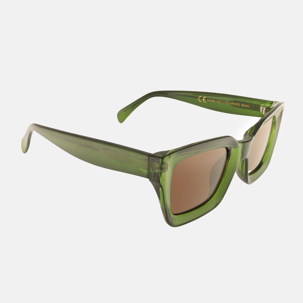 olive green square frame polarised sunglasses with brown lenses