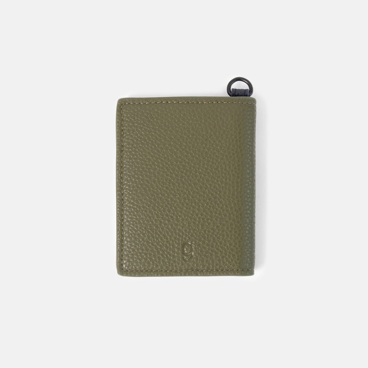 khaki green leather look card holder wallet with embossed 'g' on a white background
