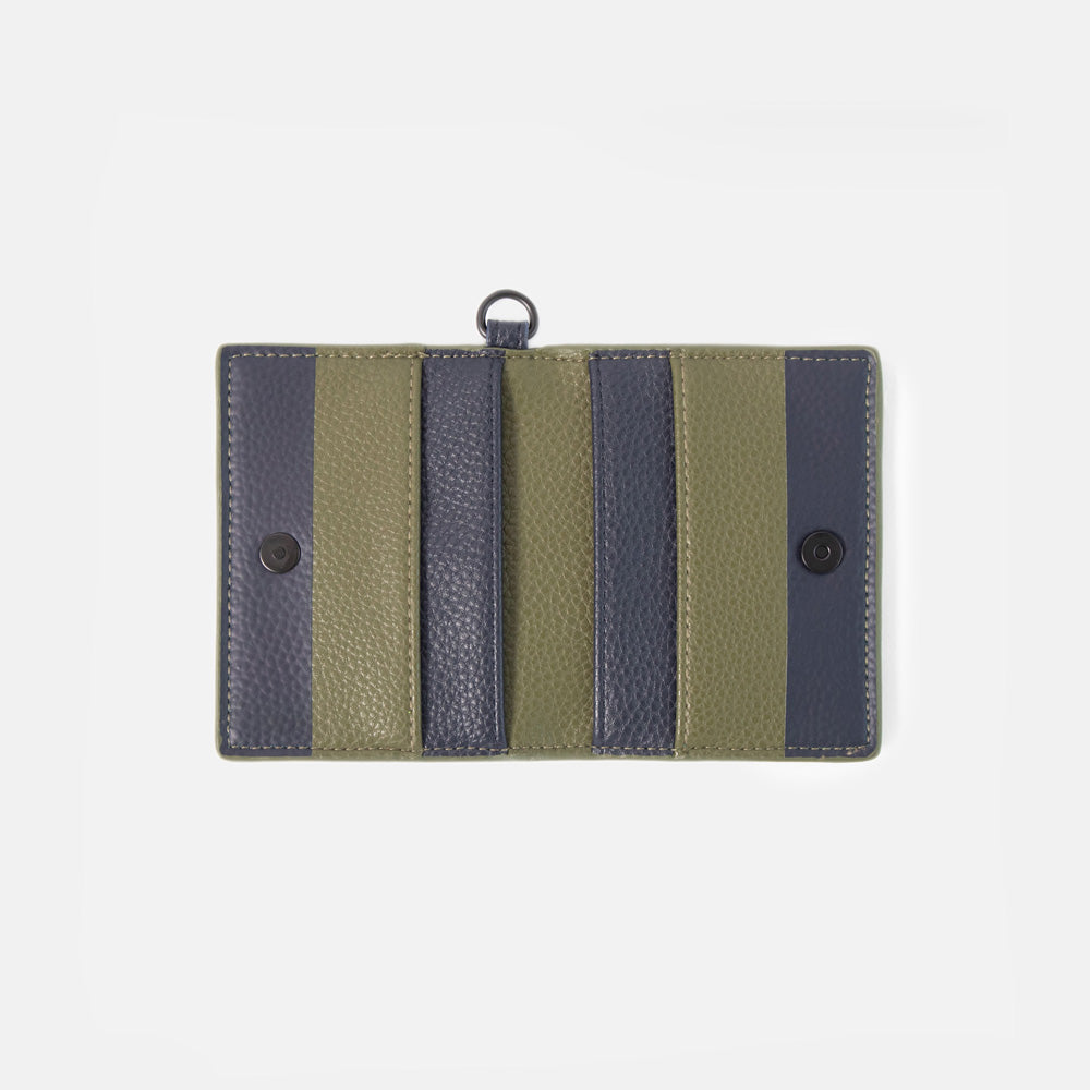 khaki green and navy blue internal of card holder wallet with 4 card pockets
