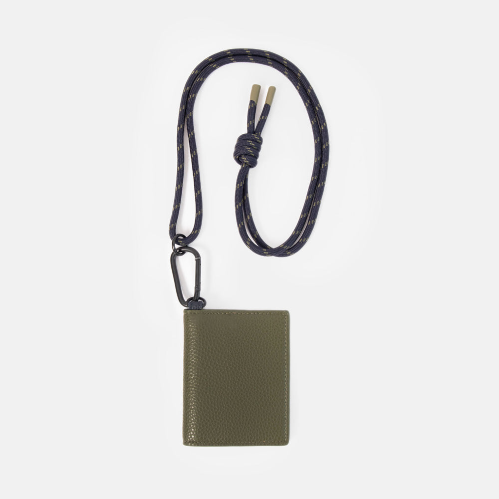 khaki green card holder with blue cord lanyard attached with a carabiner on a white background