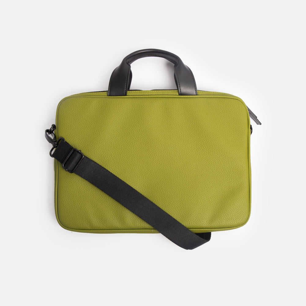 moss green vegan leather laptop bag with black grab handles and detachable adjustable shoulder strap