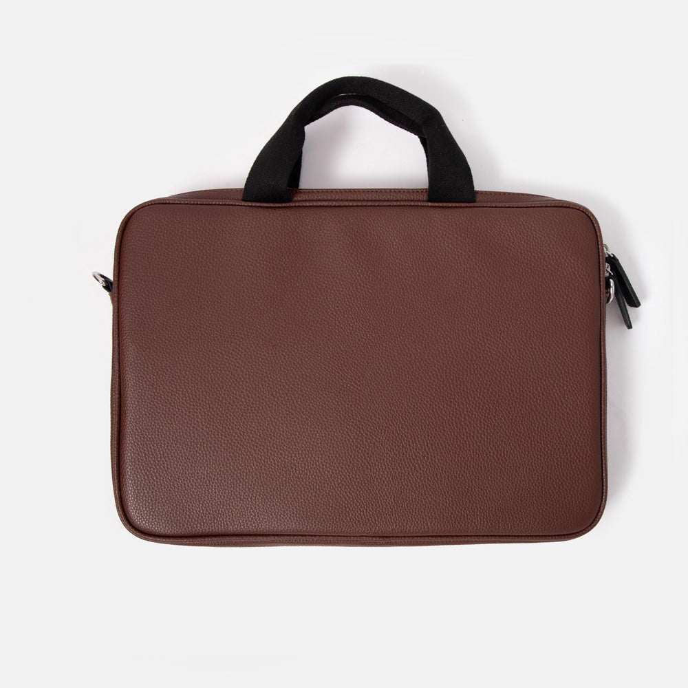 dark purple leather look laptop bag with black grab handles