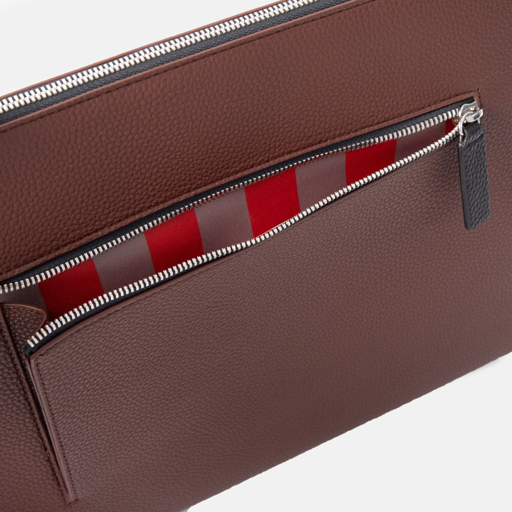 dark purple leather look laptop sleeve with red and sand stripe lined front zipped pocket
