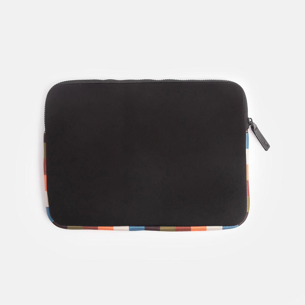 black neoprene 14 inch laptop sleeve with colourful retro stripe trim and lining
