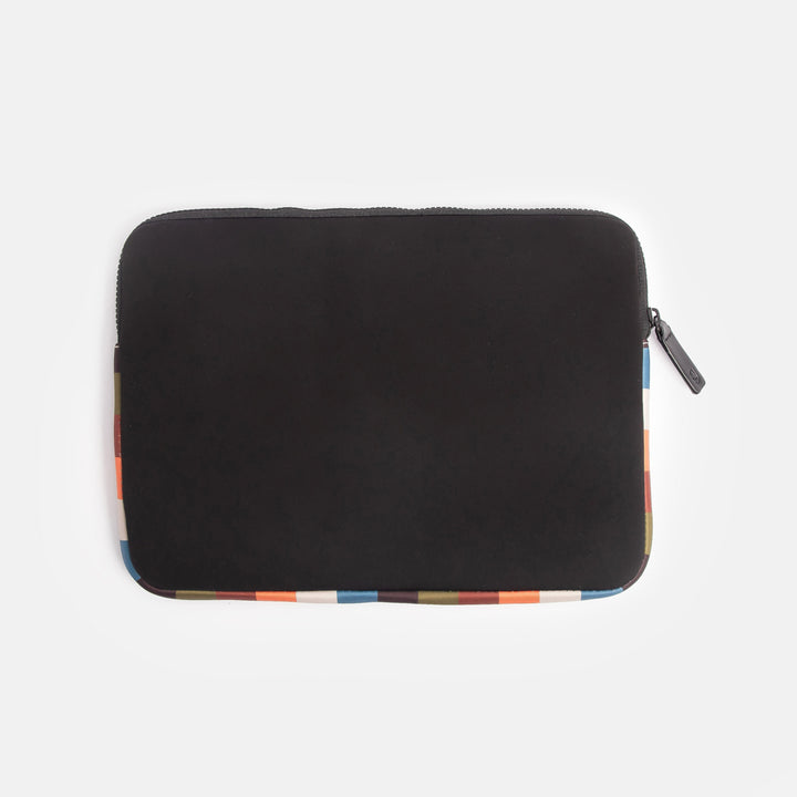black neoprene 14 inch laptop sleeve with colourful retro stripe trim and lining