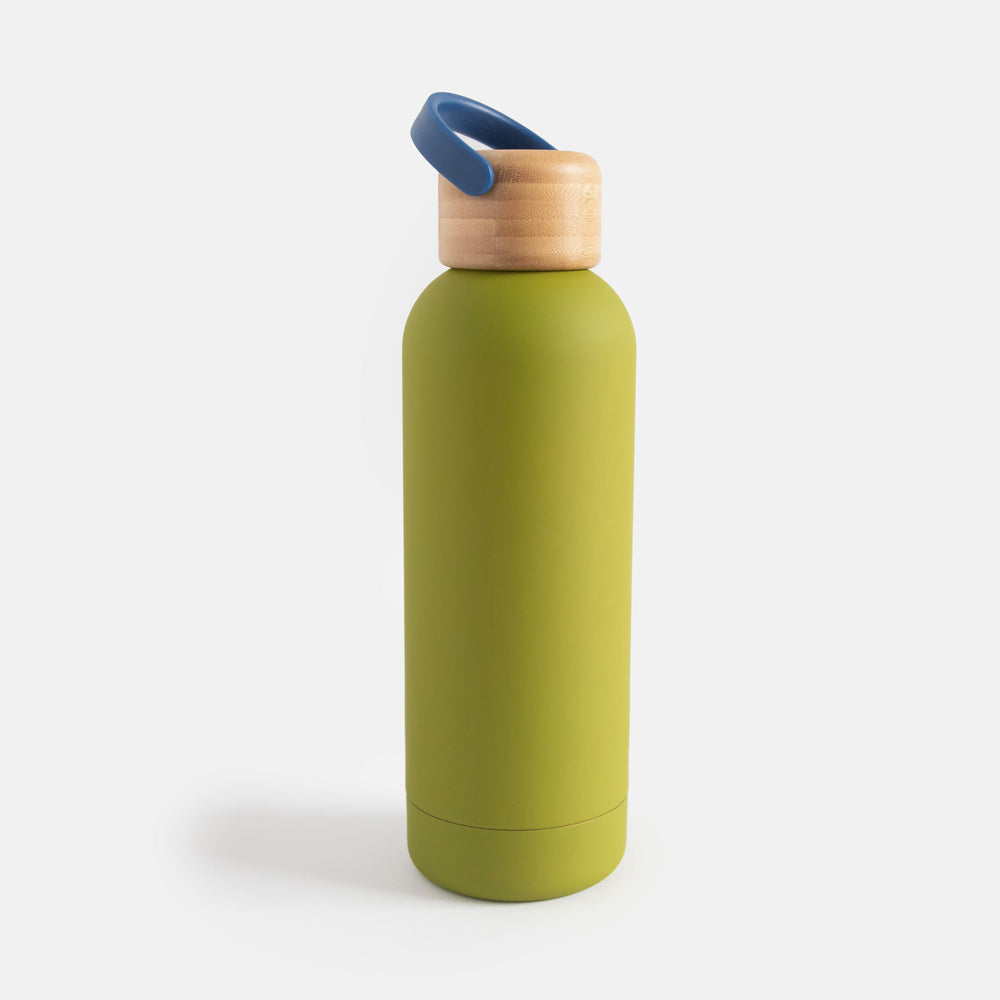 moss green stainless steel water bottle with wood lid and blue handle