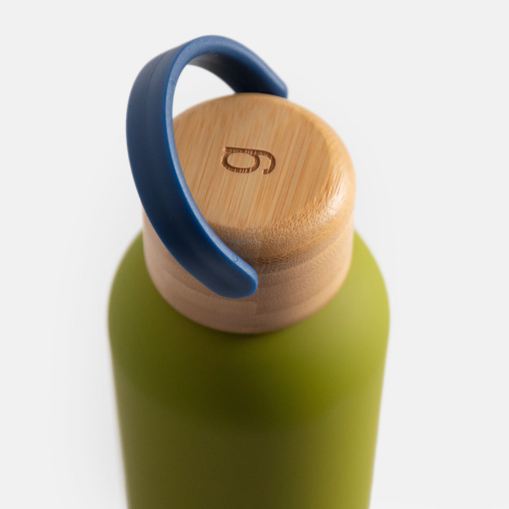moss green stainless steel water bottle with wood lid and blue handle