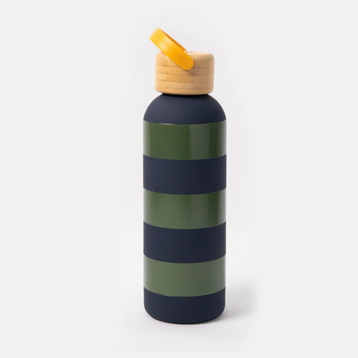 green and blue stripe metal water bottle with wooden lid and yellow carry handle on a white background