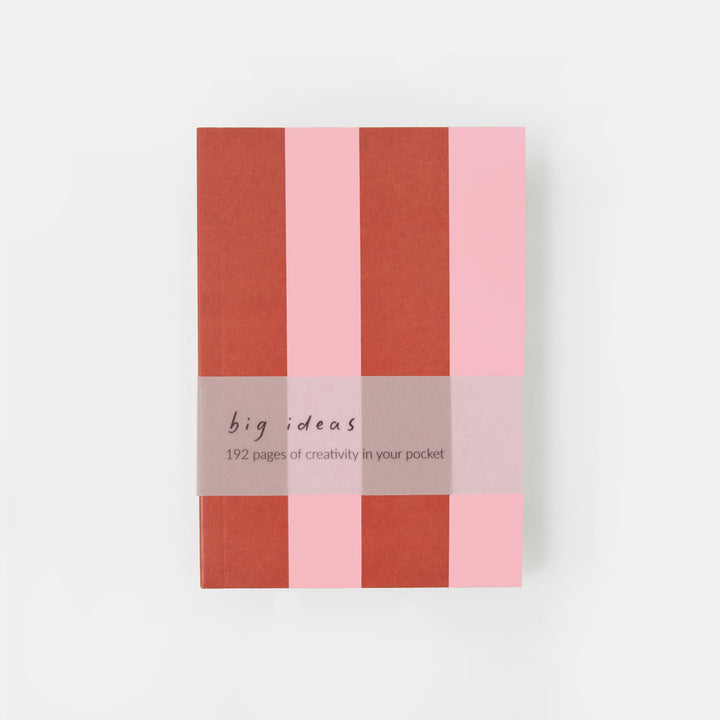 A pocket notebook with a striped cover in shades of pink, terracotta, and light gray, featuring the text 'big ideas 192 pages of creativity in your pocket' on a clean white background.