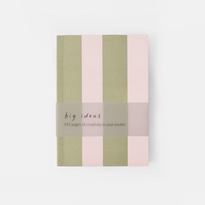 A pocket notebook with a striped cover in sage green and light pink, featuring a semi-transparent paper band across the middle with the text 'big ideas 192 pages of creativity in your pocket'.