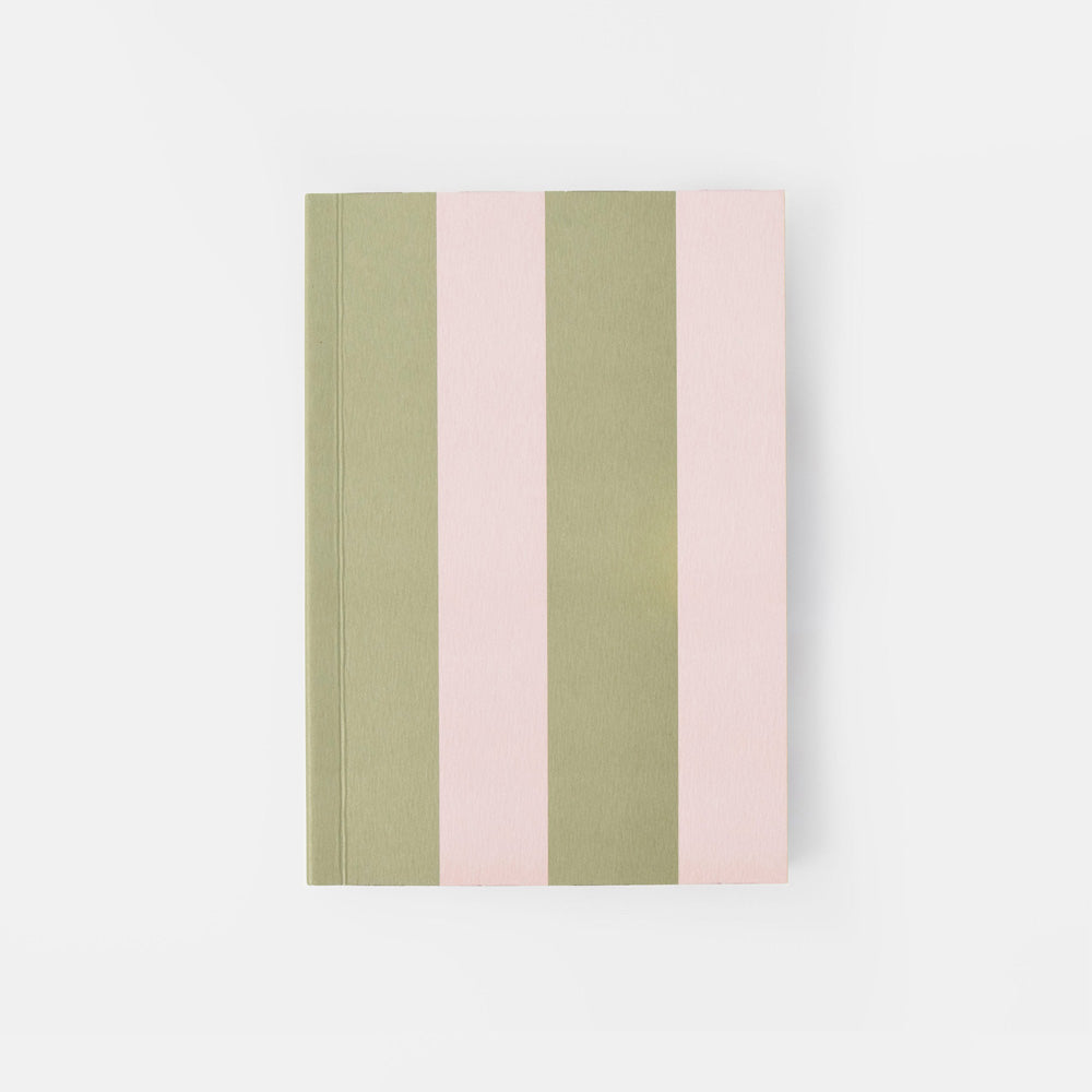 A hardcover notebook with vertical stripes in sage green and light pink, shown on a clean white background.