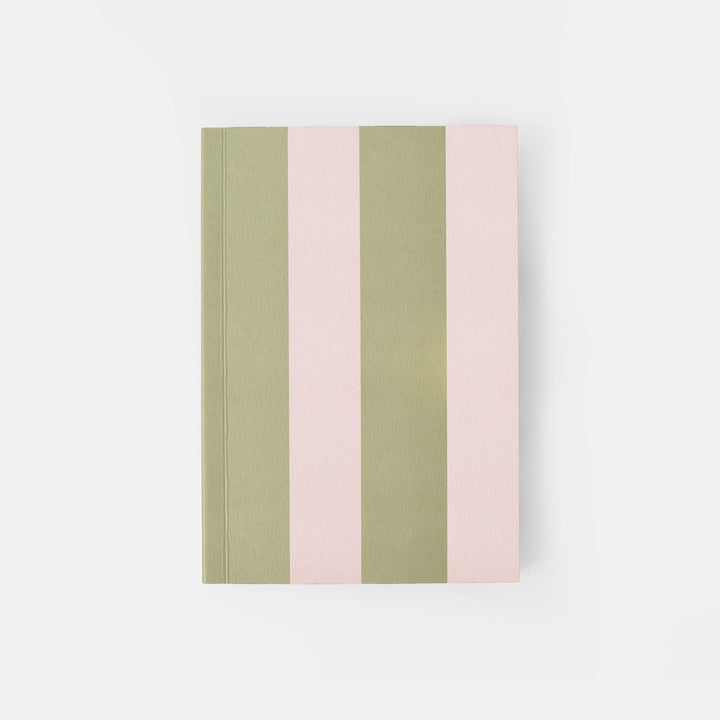 A hardcover notebook with vertical stripes in sage green and light pink, shown on a clean white background.