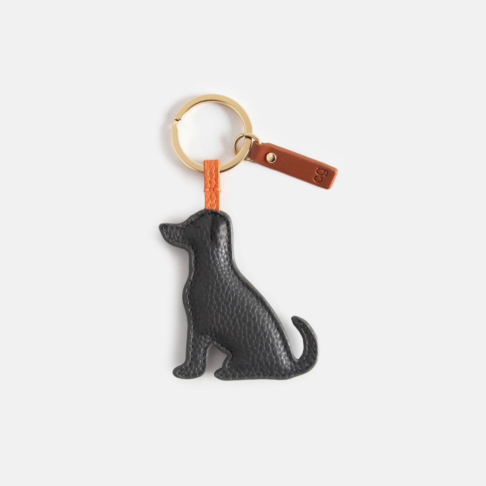 labrador dog padded keyring in dark grey with gold o ring and brown leather look tab