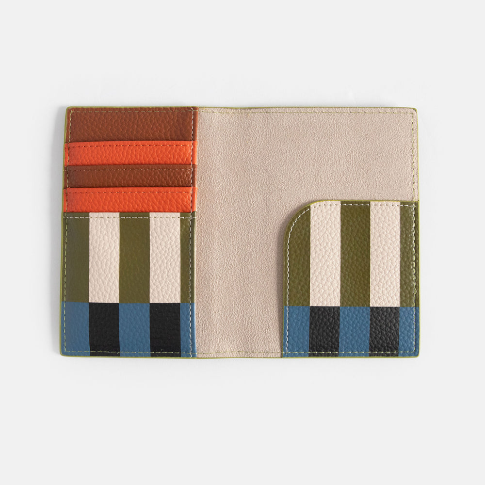 vegan leather passport holder bold offset stripe internal design in orange, brown, green, blue & black