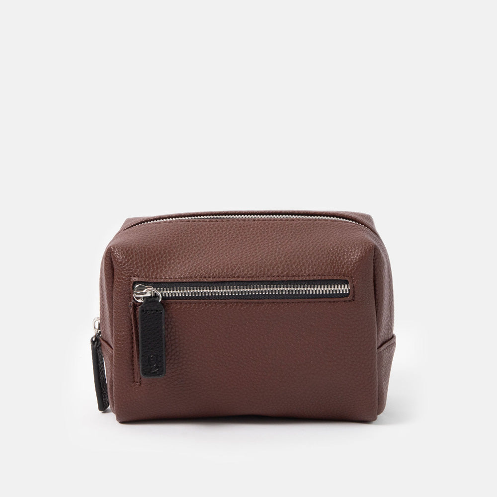 dark purple small ash bag with silver zip and black zip pulls on a white background