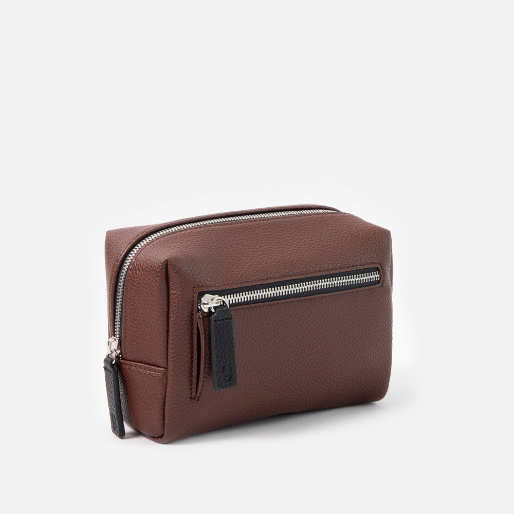 dark purple small ash bag with silver zip and black zip pulls on a white background