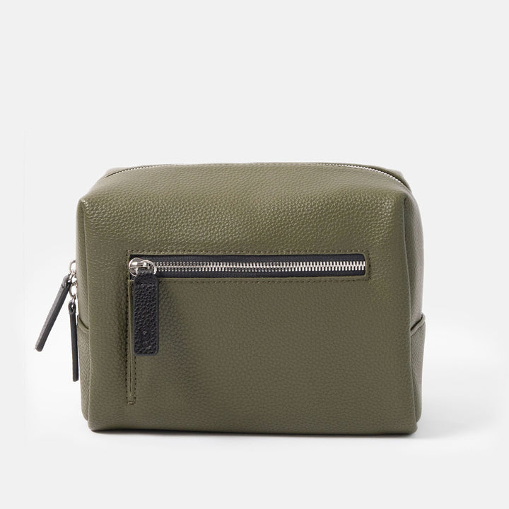 khaki green leather look wash bag with silver zip front pocket on a white background