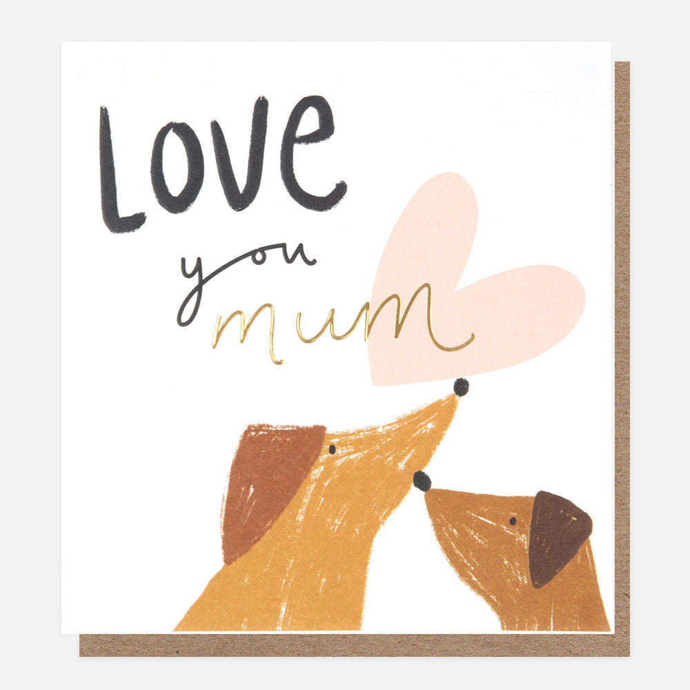 dogs and pink heart 'love you mum' card for mothers day or birthday