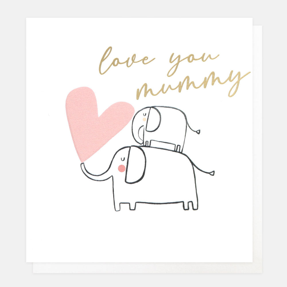 baby & mother elephant with pink heart 'love you mummy' card for mother's day or birthday
