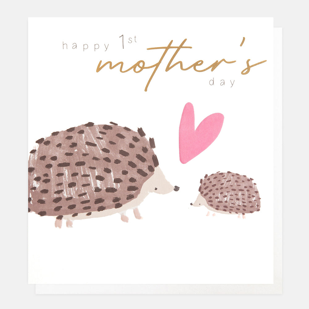 mum and baby hedgehogs with pink love heart happy first mother's day card