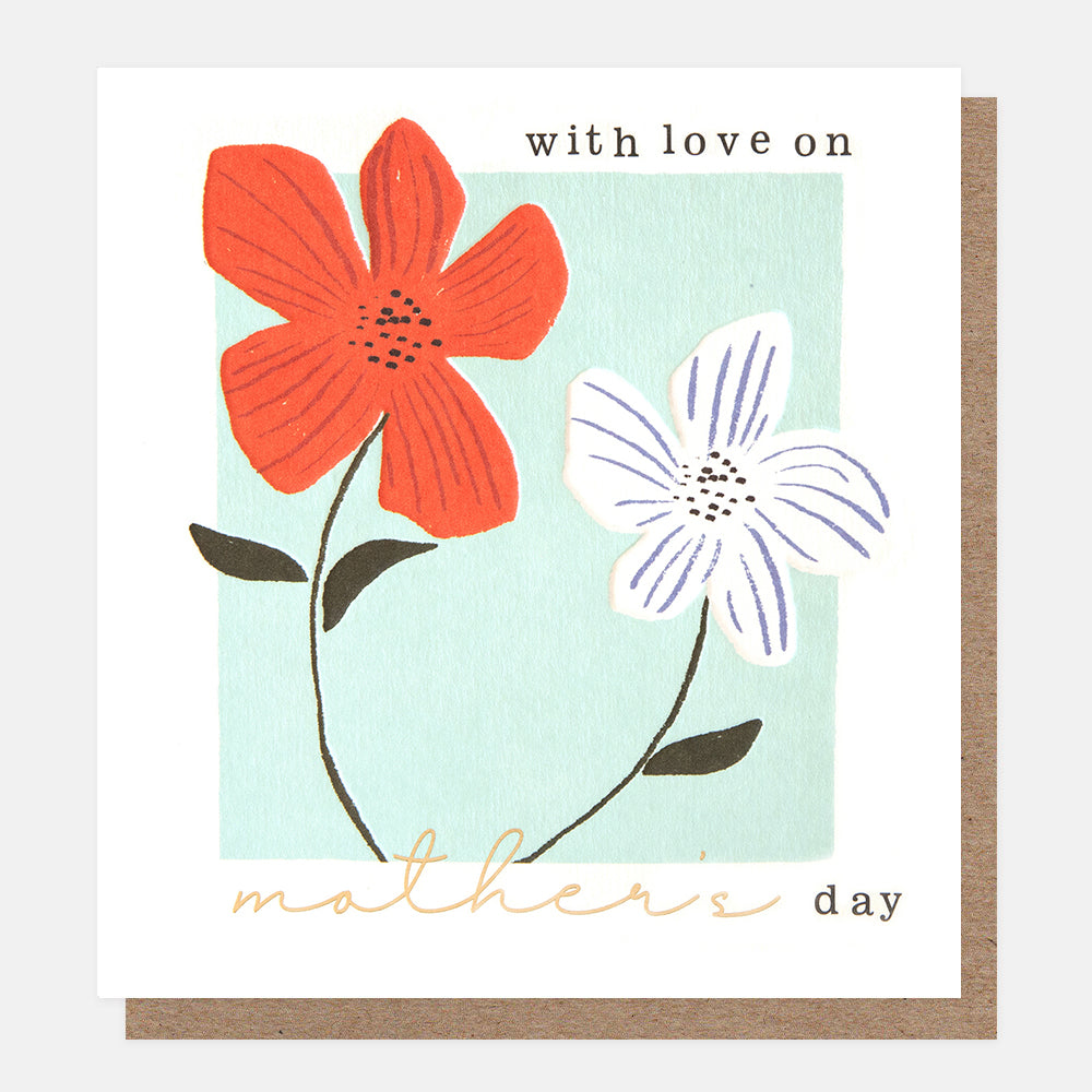 red & white flowers on a light blue background with love on mother's day card