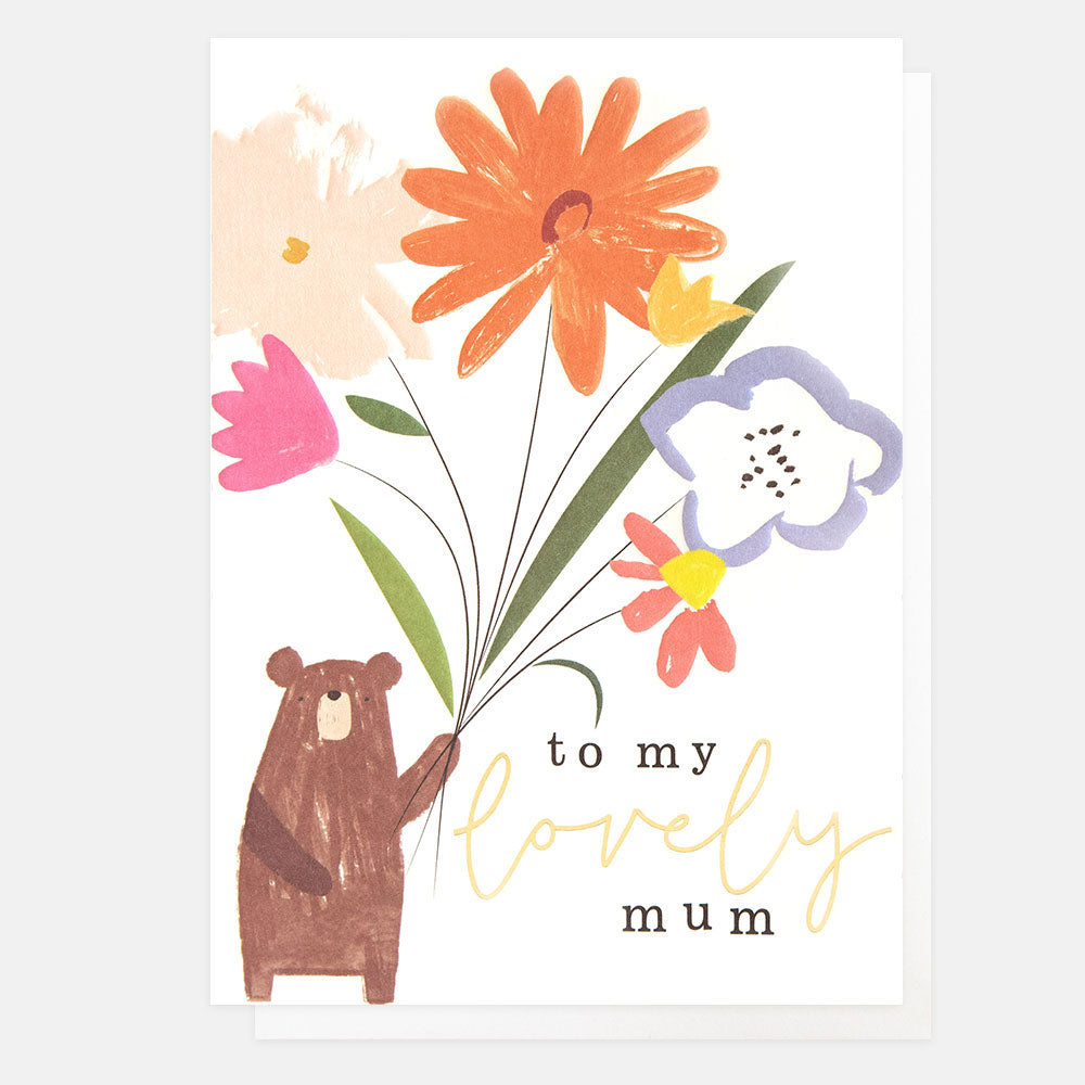 bear holding a bunch of bright flowers to my lovely mum card