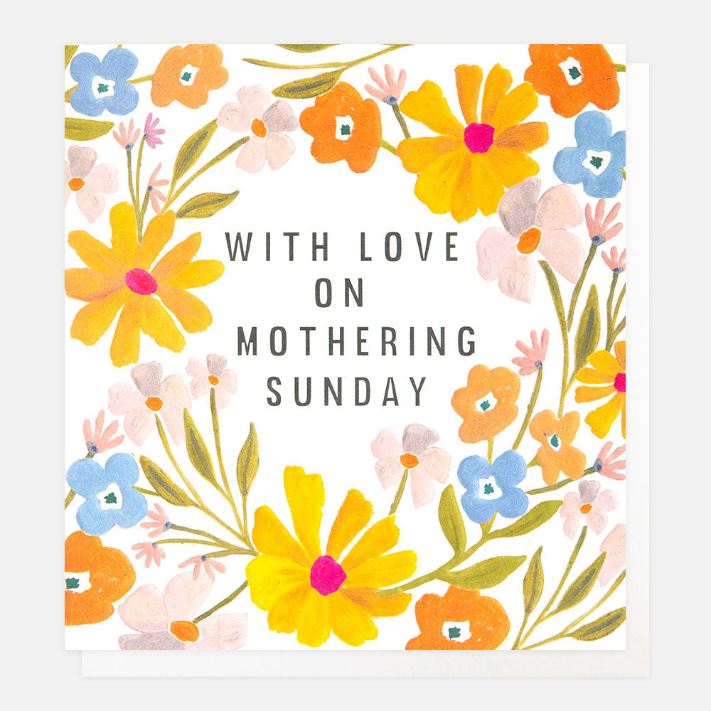Floral design card with 'With Love on Mothering Sunday' text on a white background