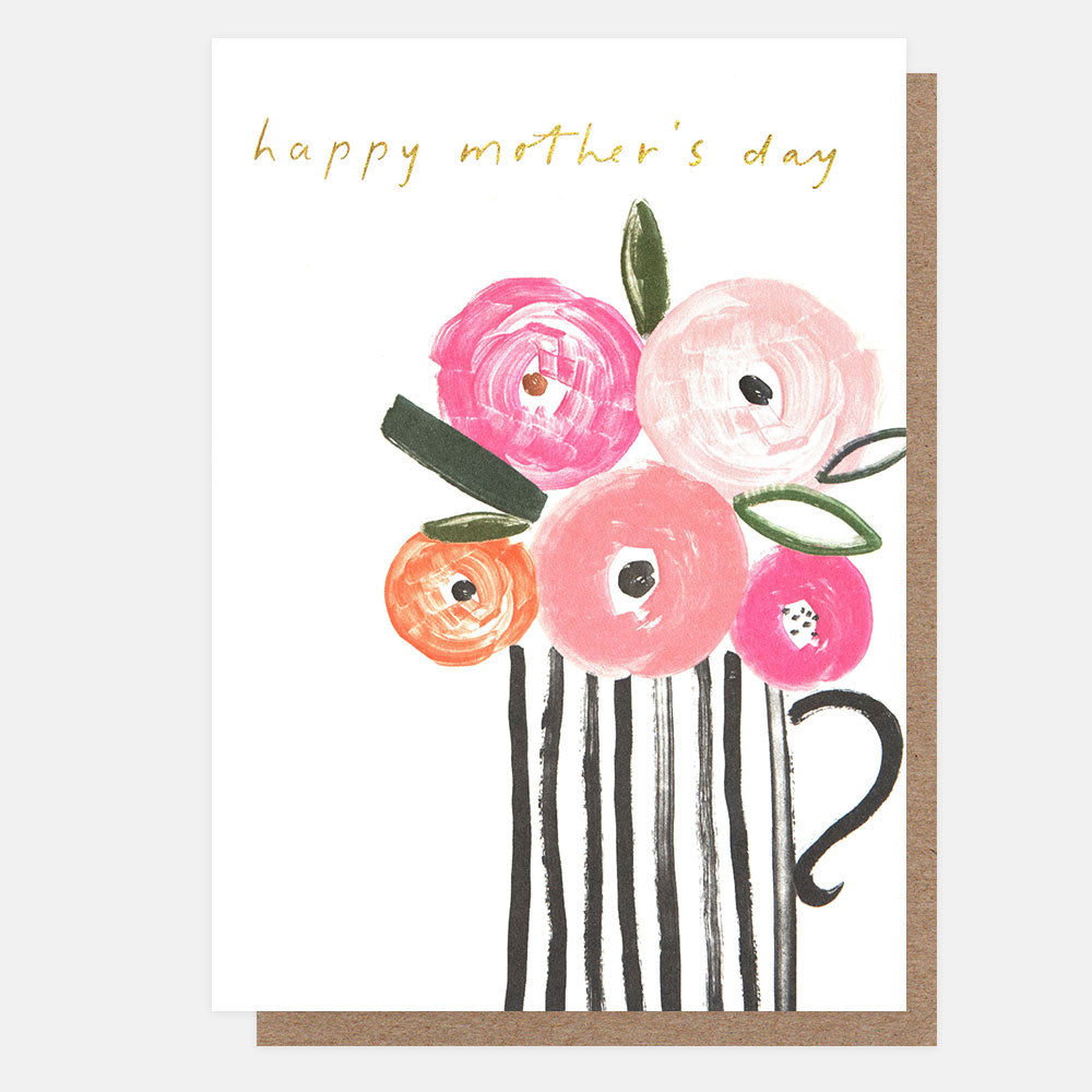 mother's day card featuring a design of pink flowers in a black stripy vase on a white background with the text 'happy mother's day'