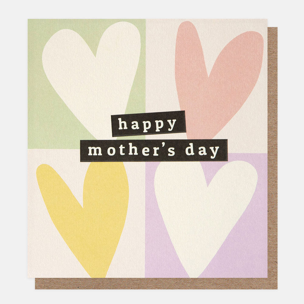 Card with colorful hearts and 'happy mother's day' text on a light background