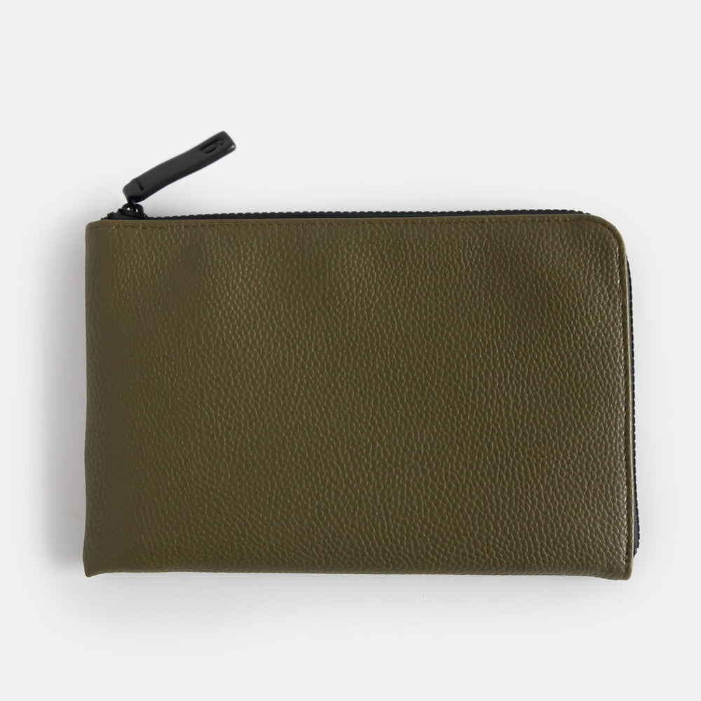 leather look travel wallet in dark khaki green