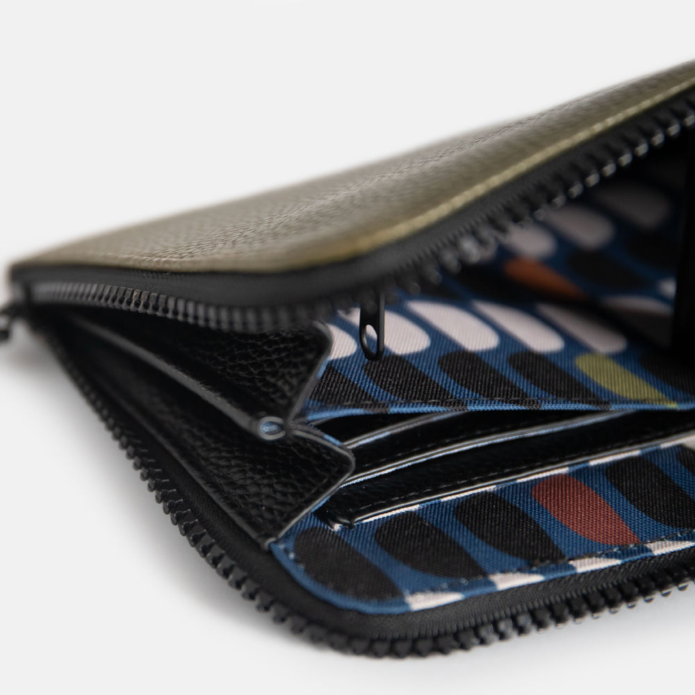 leather look travel wallet in dark khaki green with colourful geometric print lining