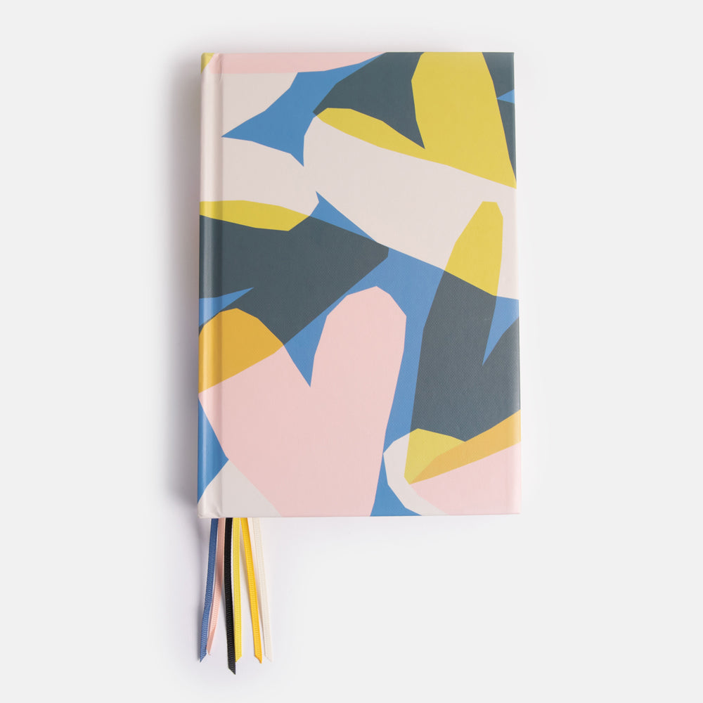 hardback lined notebook with 6 page marker ribbons in colourful confetti hearts design