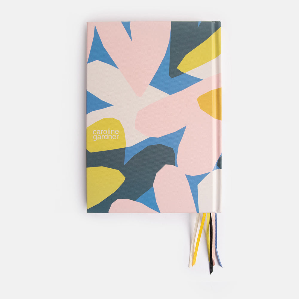 hardback lined notebook with 6 page marker ribbons in colourful confetti hearts design