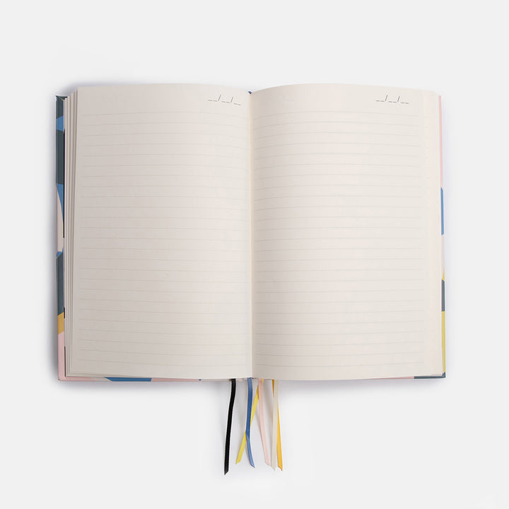 hardback lined notebook with 6 page marker ribbons in colourful confetti hearts design