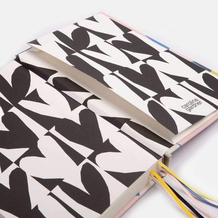 hardback lined notebook with 6 page marker ribbons in colourful confetti hearts design