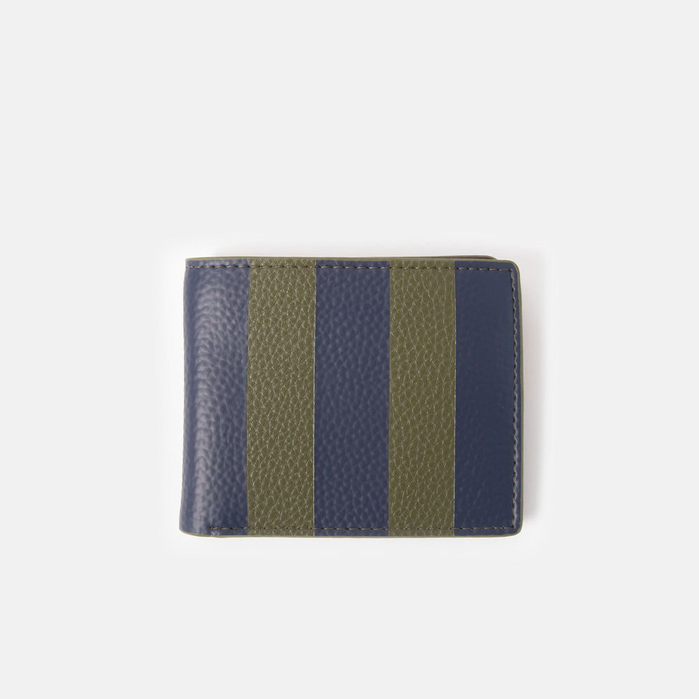 navy & khaki striped leather look wallet on a white background