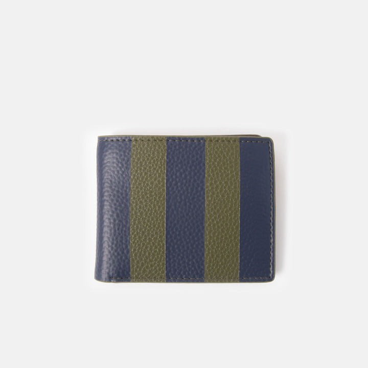 navy & khaki striped leather look wallet on a white background