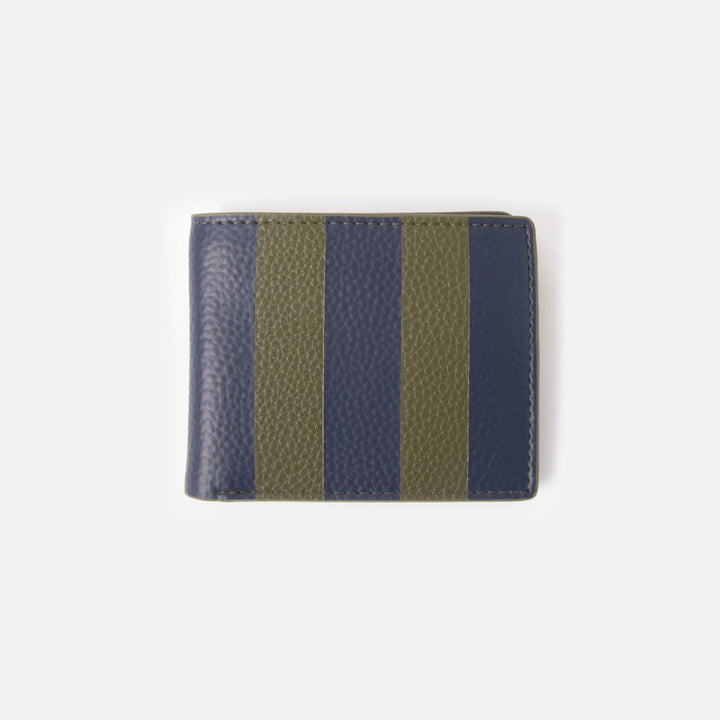 navy & khaki striped leather look wallet on a white background