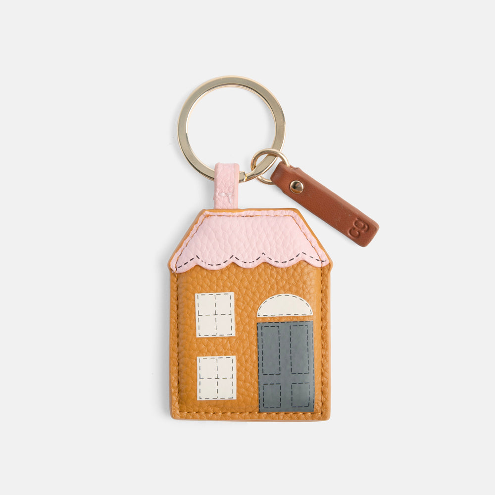 tan & pink leather look padded house keyring
