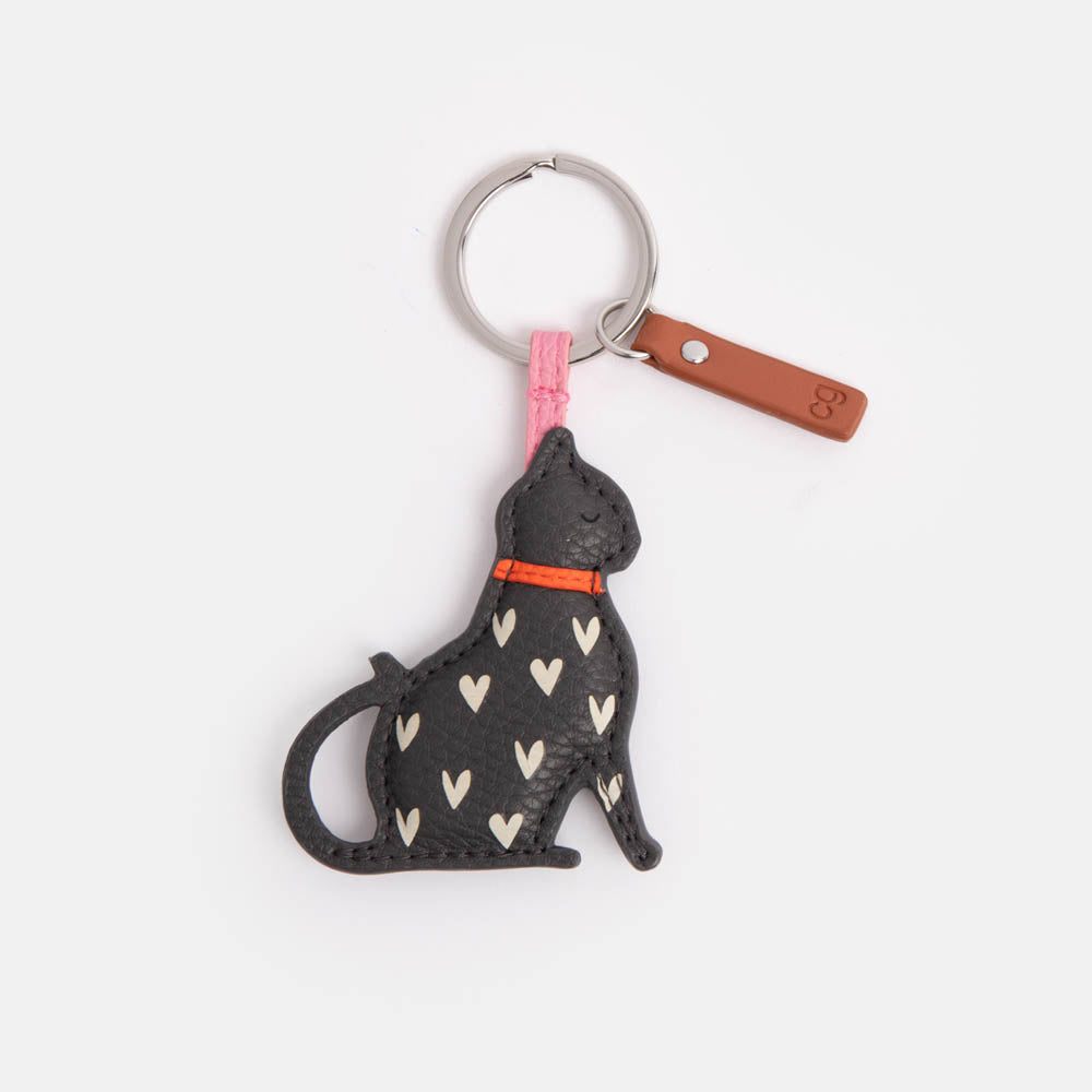 black cat with hearts print padded leather look keyring