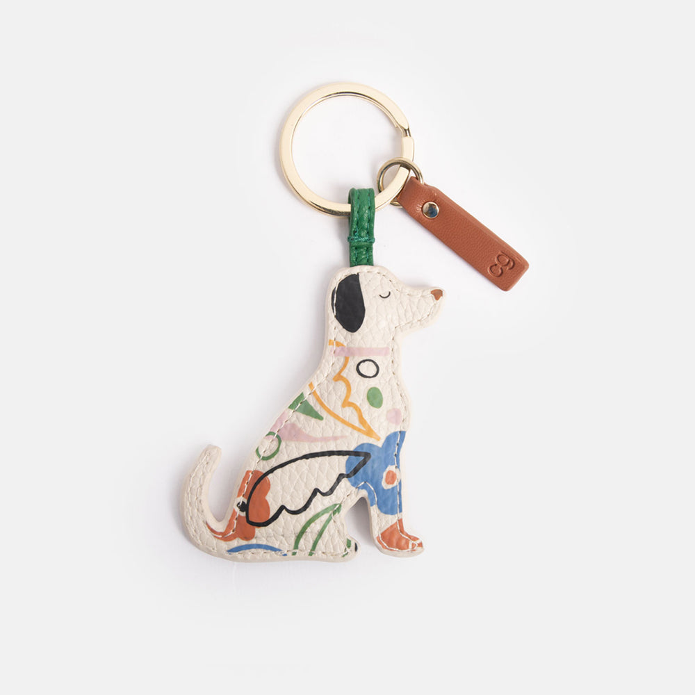 leather look PU padded dog keyring in colourful botanicals print