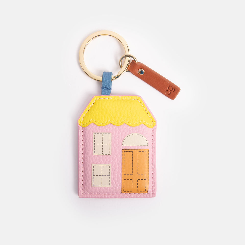 leather look PU padded house shaped keyring in pink and yellow